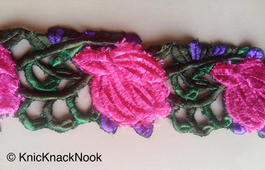 Fabric Cut Work Trim With Fuchsia Pink, Purple And Green Floral Embroidery, 72mm wide - 200317L267
